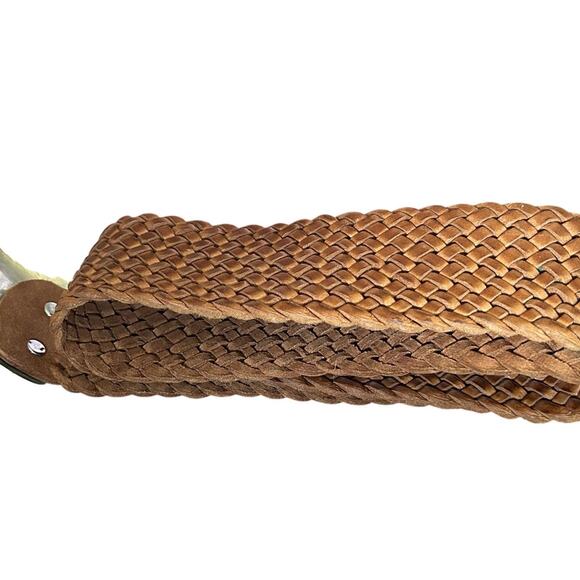 Vintage Woven Leather Belt Adjustable to 36” Large Engraved Silver Tone Buckle